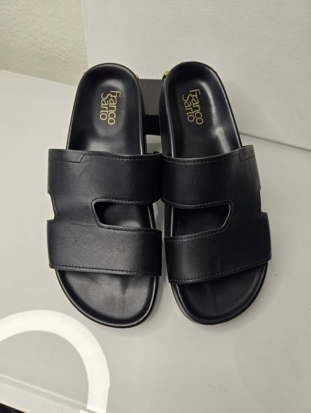 Franco Sarto Black Leather Dual-Strap Slide Sandals Sz 9
